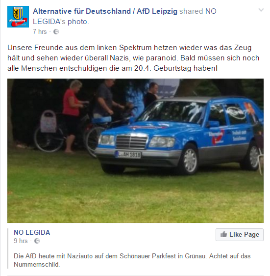 Facebookpost zu AfD-Auto (Bild: Screenshot des gelöschten Facebookposts der AfD Leipzig)