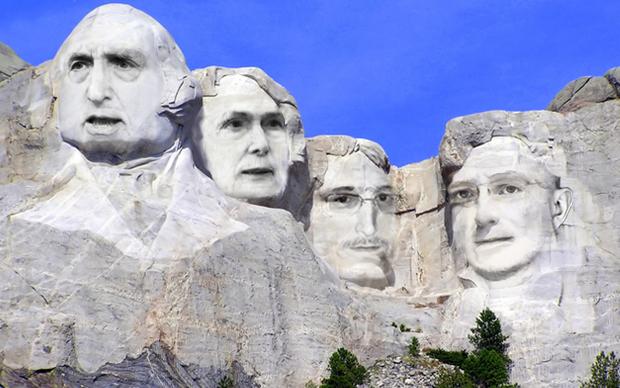 Am Mount Rushmore in South Dakota ehren die USA einige ihrer Präsidenten mit überlebensgroßen Skulpturen. Nicht zu erwarten, dass diese Ehre so bald auch Whistleblowern wie Edward Snowden und Chelsea Manning zuteil wird (Illustration: Thiago Kohl)