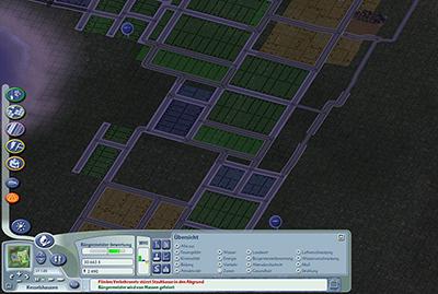 Flächennutzungsplan à la SimCity: Wohnen (grün), Gewerbe (blau) und Industrie (gelb) (Screenshot: Electronic Arts)
