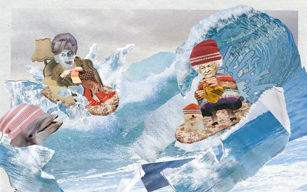Auf der Welle kann Oma noch mitreiten: Die Surfer- und Skaterszene hat gerne wieder gute alte Handarbeit auf dem Kopf (Illustration: Renke Brandt)