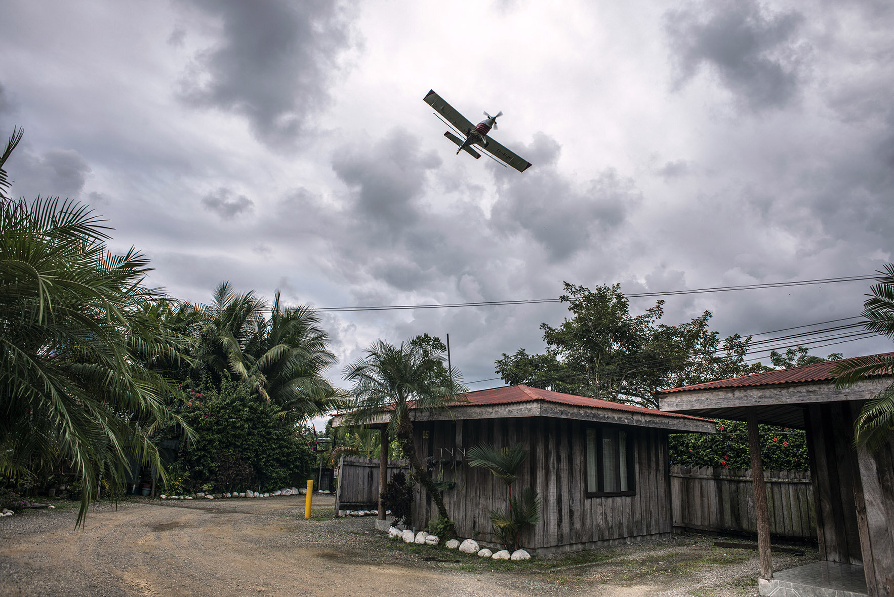 Ein Flugzeug, das von Bananenfirmen zum Ausbringen von Pestiziden eingesetzt wird, fliegt über die Stadt Bataan im Kanton Matina