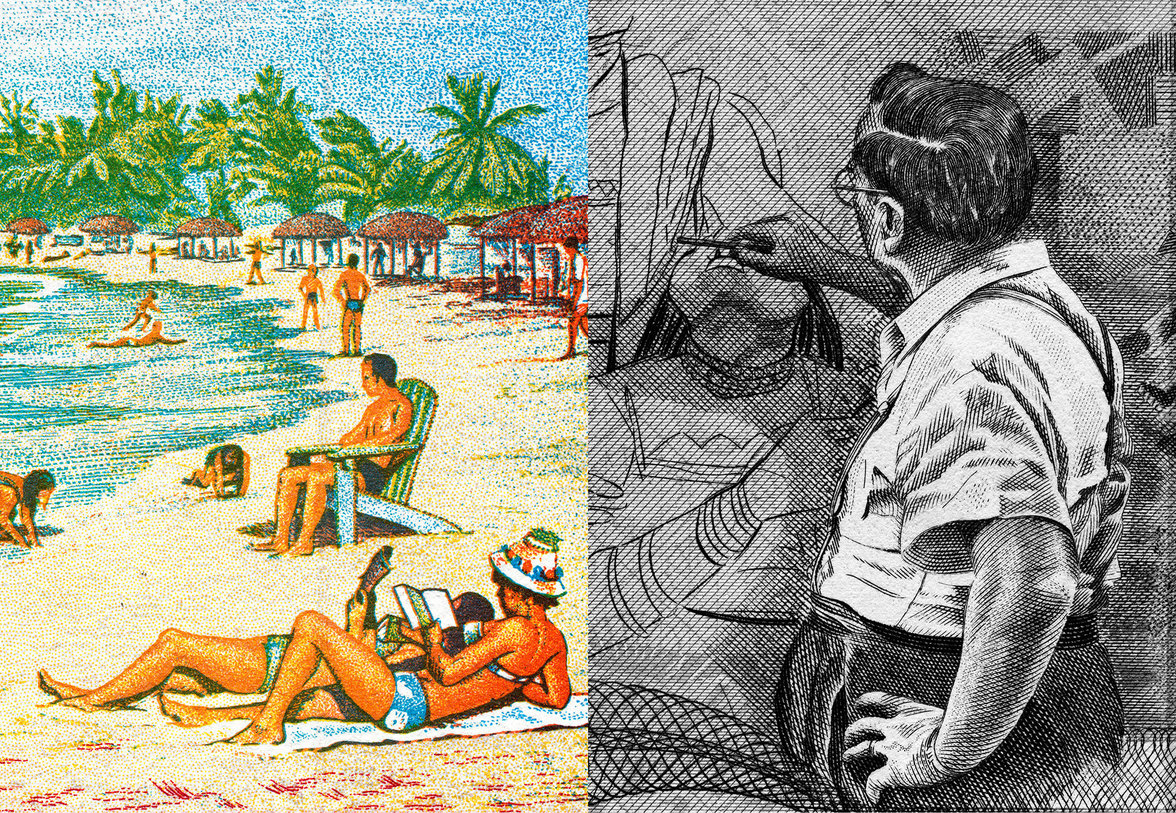 Linke Seite: Menschen am Strand, rechte Seite: ein Künstler