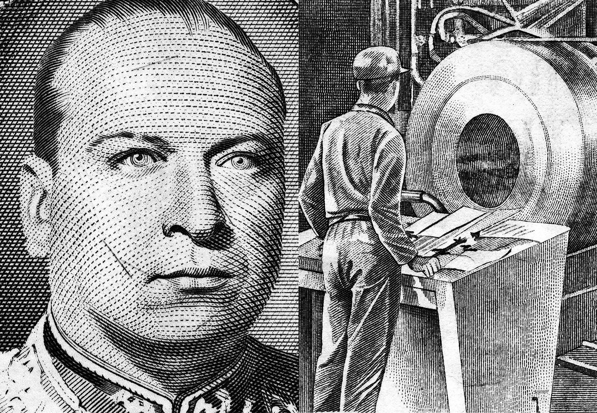 links: Portrait eines Mannes, rechts: Fabrikarbeiter