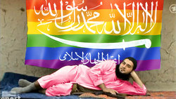 IS-Kämpfer vor Regenbogenflagge