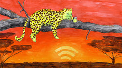 Illustration: Ein Leopard chillt auf einem Baum und hält in seiner linken Vorderpfote ein Smartphone. Im Hintergrund die Savanne, der Sonnenuntergang sieht aus wie das Symbol für WLAN-Empfang.