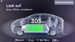Das Display in einem Elektroauto der Marke Tesla zeigt den Ladezustand das Akkus an (Foto: Patrick Pleul/picture alliance/dpa-Zentralbild/ZB)