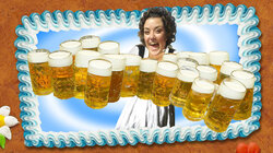 Collage, in deren Zentrum eine Kellnerin steht, die mehr als fünfzehn Bierkrüge auf einmal trägt