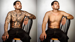 Links: ein stark tätowierter Mann, rechts: derselbe Mann ohne Tattoos 