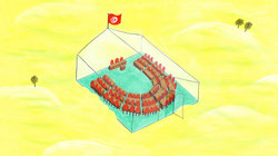 Transparentes Parlament: Plenarsaal in einem gläsernen Gebäude mitten in der Wüste, auf dem Dach weht die tunesische Flagge