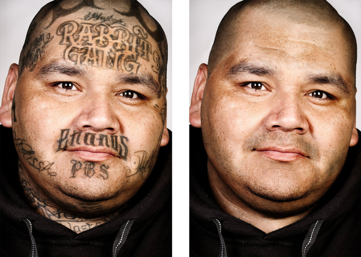 Links: ein stark tätowierter Mann, rechts: derselbe Mann ohne Tattoos 