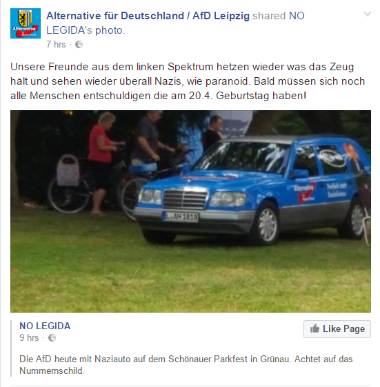 Facebookpost zu AfD-Auto