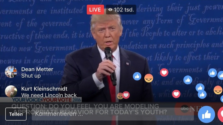 Screenshot des Facebook-Livestreams vom zweiten TV-Duell im US-amerikanischen Präsidentschaftswahlkampf Screenshot des Facebook-Livestreams vom zweiten TV-Duell im US-amerikanischen Präsidentschaftswahlkampf