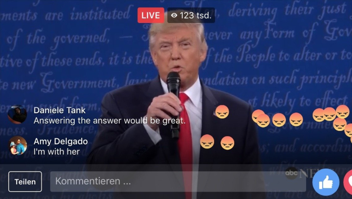 Screenshot des Facebook-Livestreams vom zweiten TV-Duell im US-amerikanischen Präsidentschaftswahlkampf Screenshot des Facebook-Livestreams vom zweiten TV-Duell im US-amerikanischen Präsidentschaftswahlkampf