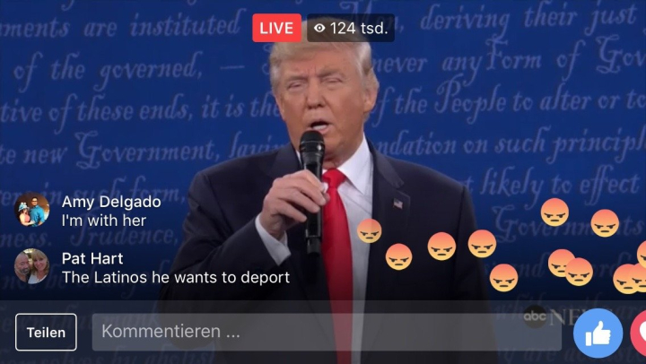 Screenshot des Facebook-Livestreams vom zweiten TV-Duell im US-amerikanischen Präsidentschaftswahlkampf Screenshot des Facebook-Livestreams vom zweiten TV-Duell im US-amerikanischen Präsidentschaftswahlkampf