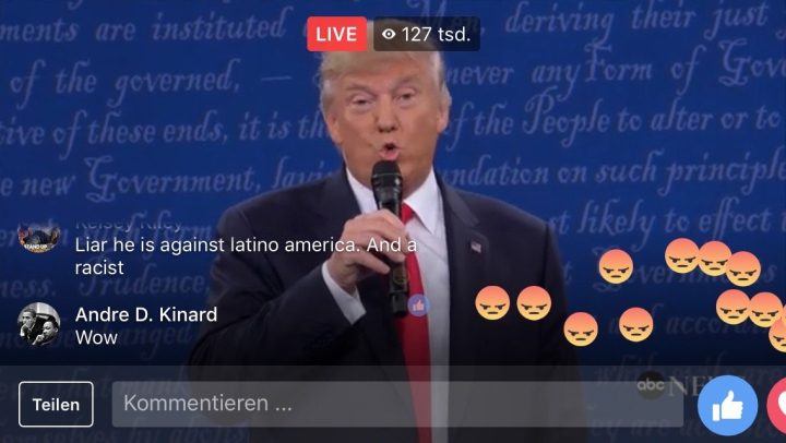 Screenshot des Facebook-Livestreams vom zweiten TV-Duell im US-amerikanischen Präsidentschaftswahlkampf Screenshot des Facebook-Livestreams vom zweiten TV-Duell im US-amerikanischen Präsidentschaftswahlkampf