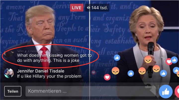 Screenshot des Facebook-Livestreams vom zweiten TV-Duell im US-amerikanischen Präsidentschaftswahlkampf Screenshot des Facebook-Livestreams vom zweiten TV-Duell im US-amerikanischen Präsidentschaftswahlkampf
