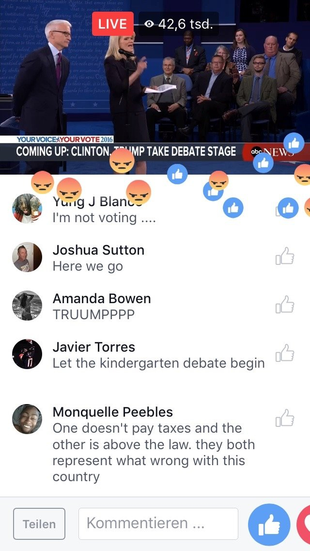 Screenshot des Facebook-Livestreams vom zweiten TV-Duell im US-amerikanischen Präsidentschaftswahlkampf Screenshot des Facebook-Livestreams vom zweiten TV-Duell im US-amerikanischen Präsidentschaftswahlkampf