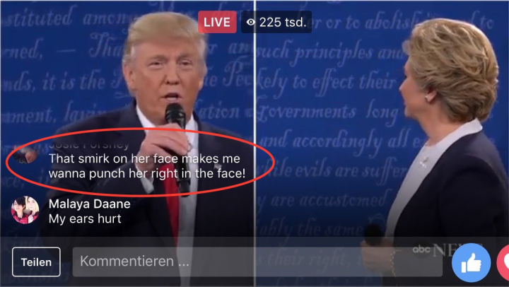 Screenshot des Facebook-Livestreams vom zweiten TV-Duell im US-amerikanischen Präsidentschaftswahlkampf Screenshot des Facebook-Livestreams vom zweiten TV-Duell im US-amerikanischen Präsidentschaftswahlkampf
