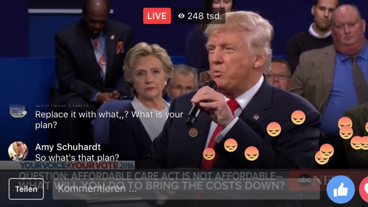 Screenshot des Facebook-Livestreams vom zweiten TV-Duell im US-amerikanischen Präsidentschaftswahlkampf Screenshot des Facebook-Livestreams vom zweiten TV-Duell im US-amerikanischen Präsidentschaftswahlkampf
