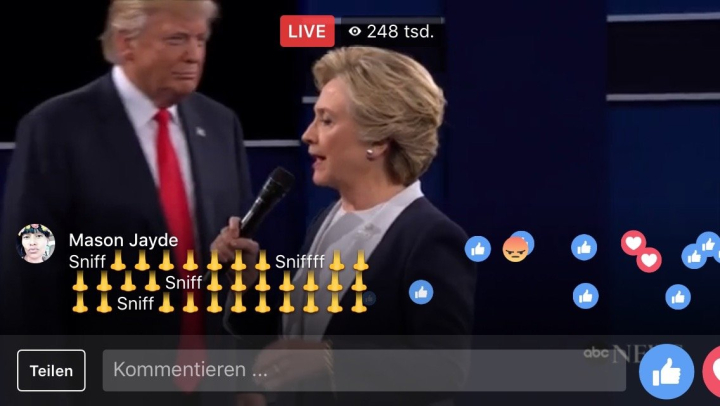 Screenshot des Facebook-Livestreams vom zweiten TV-Duell im US-amerikanischen Präsidentschaftswahlkampf Screenshot des Facebook-Livestreams vom zweiten TV-Duell im US-amerikanischen Präsidentschaftswahlkampf