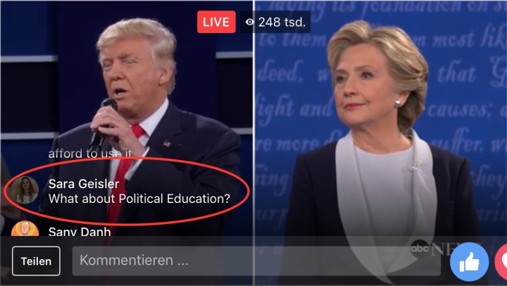 Screenshot des Facebook-Livestreams vom zweiten TV-Duell im US-amerikanischen Präsidentschaftswahlkampf Screenshot des Facebook-Livestreams vom zweiten TV-Duell im US-amerikanischen Präsidentschaftswahlkampf