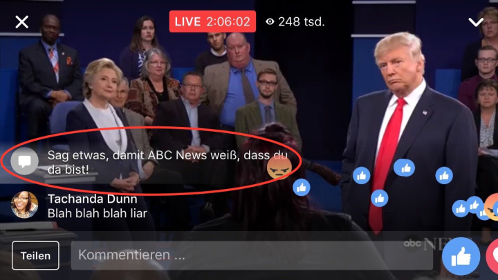 Screenshot des Facebook-Livestreams vom zweiten TV-Duell im US-amerikanischen Präsidentschaftswahlkampf Screenshot des Facebook-Livestreams vom zweiten TV-Duell im US-amerikanischen Präsidentschaftswahlkampf
