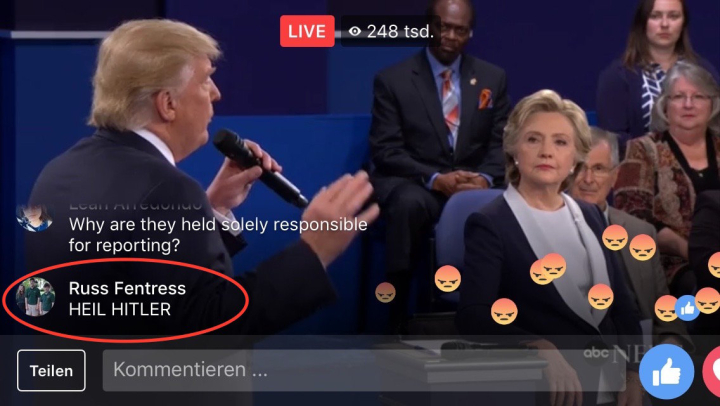 Screenshot des Facebook-Livestreams vom zweiten TV-Duell im US-amerikanischen Präsidentschaftswahlkampf Screenshot des Facebook-Livestreams vom zweiten TV-Duell im US-amerikanischen Präsidentschaftswahlkampf