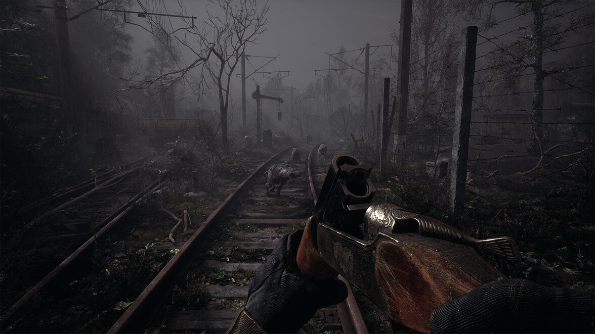 Screenshot aus S.T.A.L.K.E.R. 2, im Nebel werden Monster auf Schienen gejagt