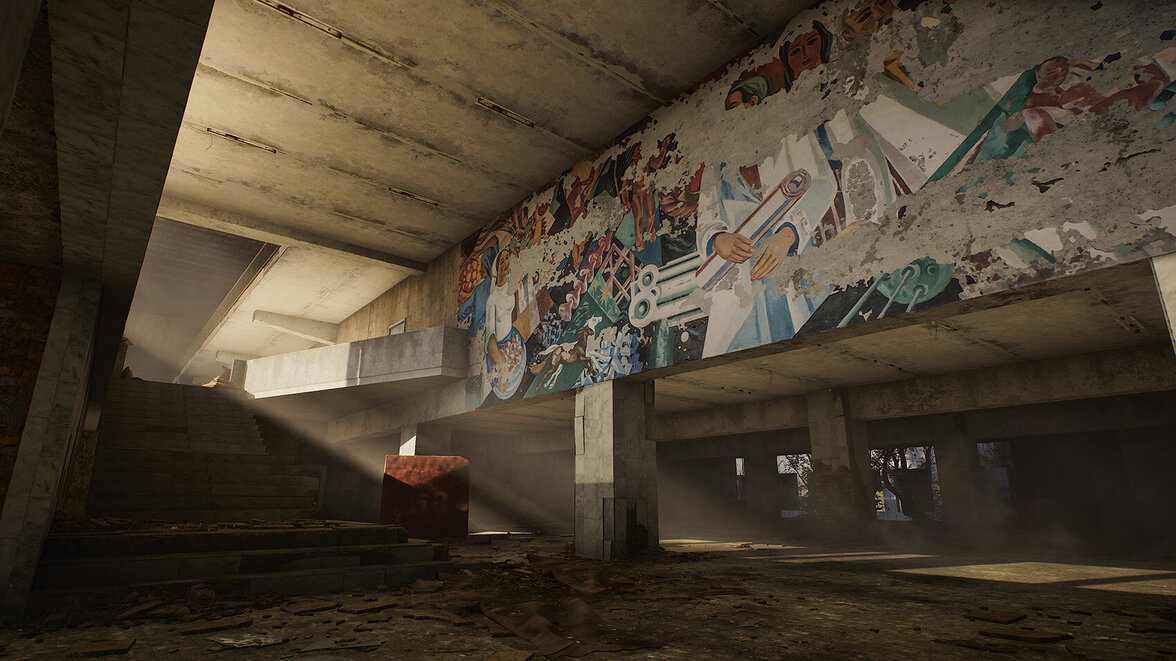 Screenshot aus S.T.A.L.K.E.R. 2, ein zerstörtes Wandbild in einem verwahrlosten Betonbau Screenshot aus S.T.A.L.K.E.R. 2, ein zerstörtes Wandbild in einem verwahrlosten Betonbau
