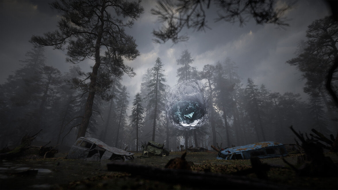 Screenshot aus S.T.A.L.K.E.R. 2, eine Anomalie schwebt in einem Wald über Autowracks