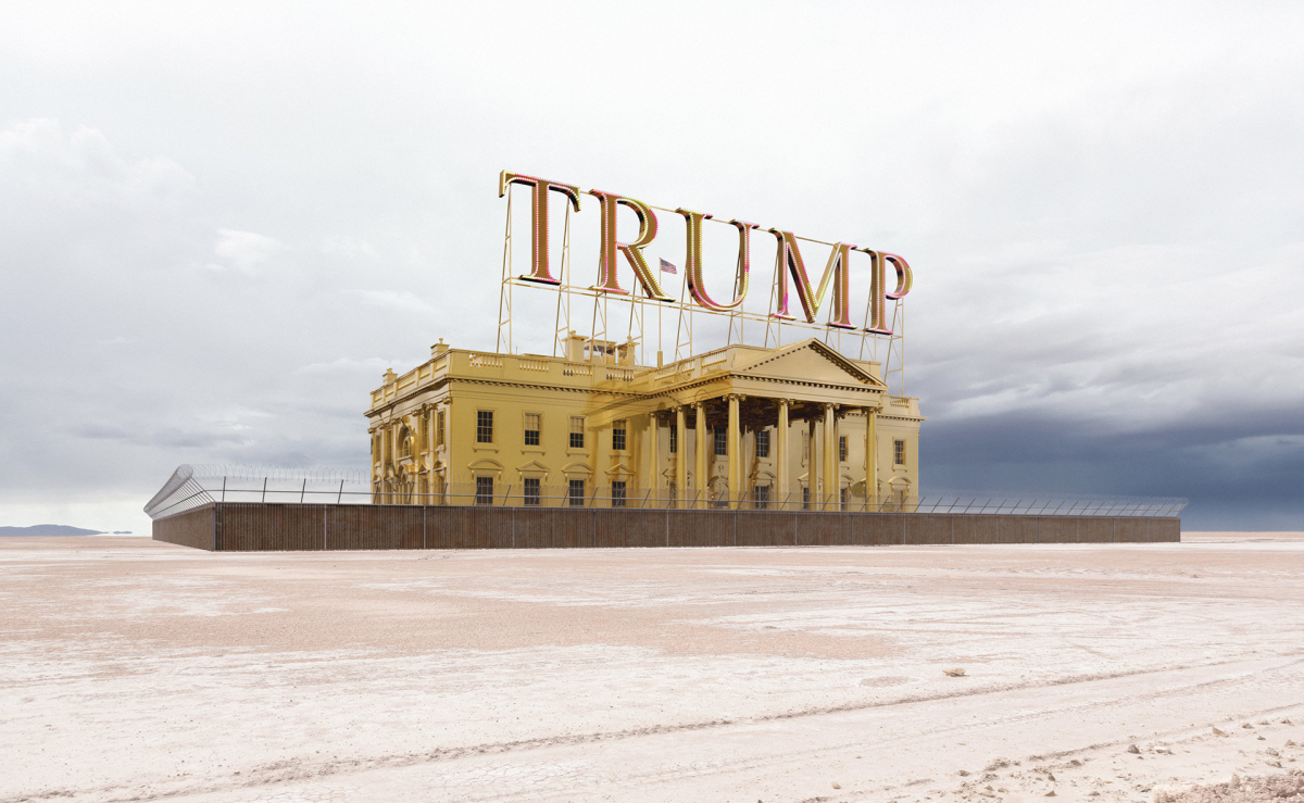 Goldenes Fort Knox mit Trump Logo auf dem Dach