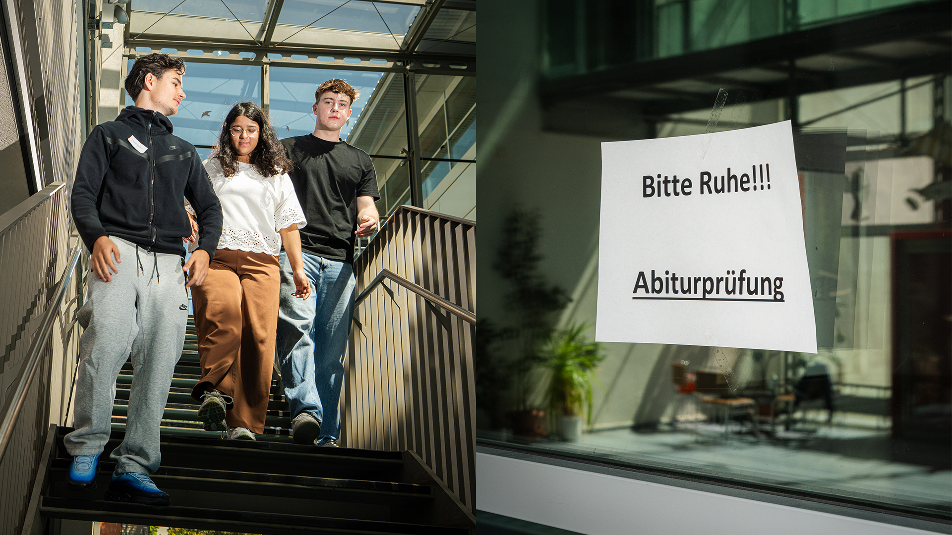 Artur, Can und Hanin auf der Treppe der Schule / "Ruhe Bitte" Zettel an einer Glastür