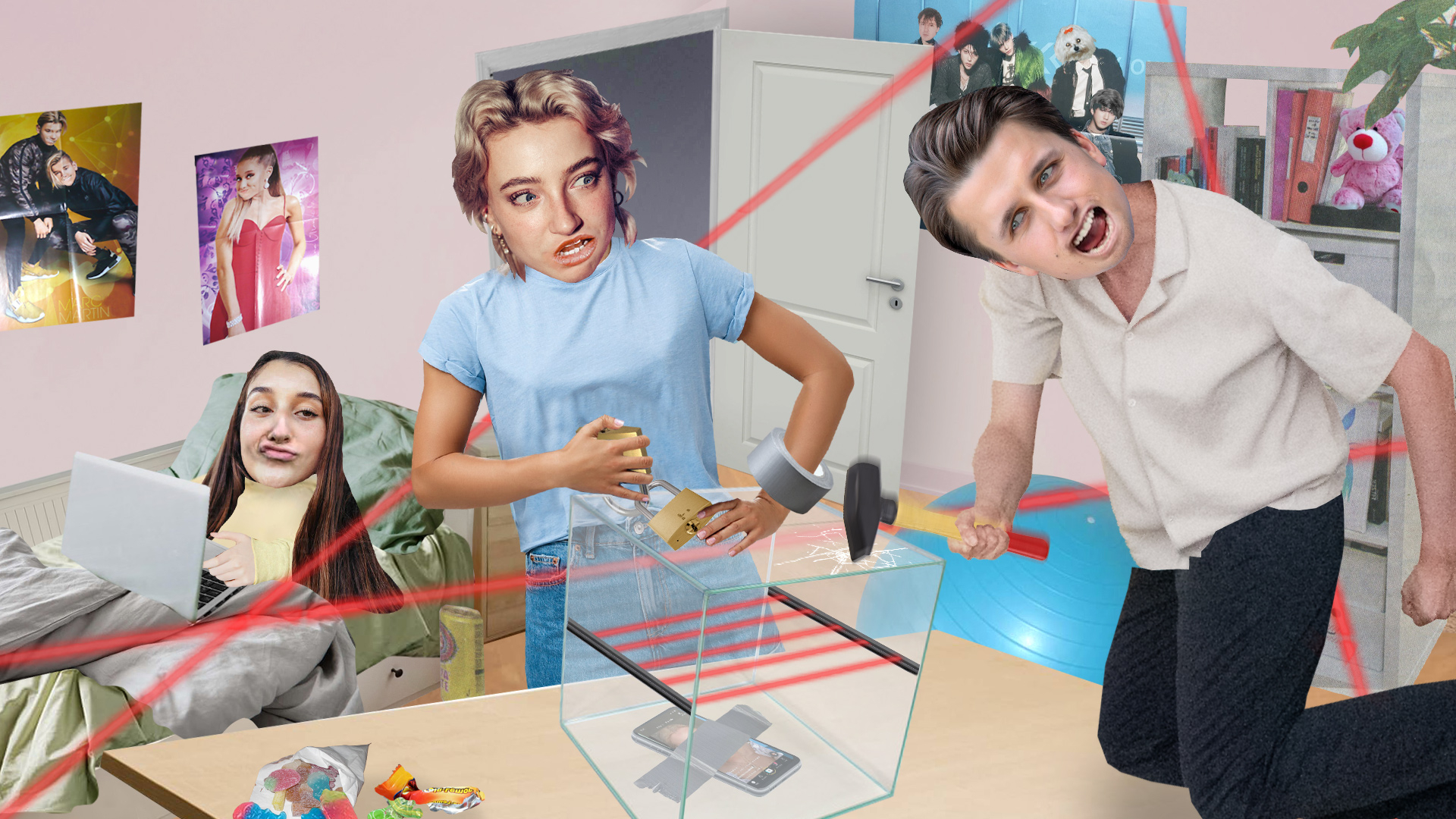 Collage eines Jugendzimmers in dem die Autorinnen um ein Smartphone streiten