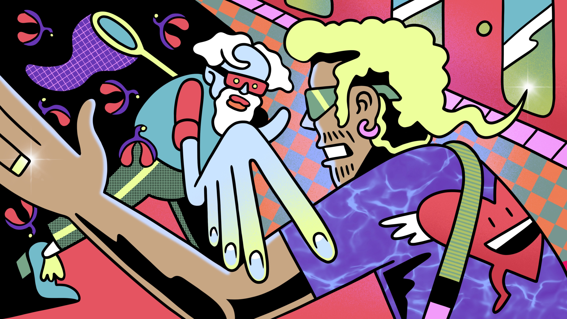 Illustration zum Thema Catcalling: ein junger Mann stoppt einen älteren Mann, der mit einem Kescher fliegende Klitorides jagt