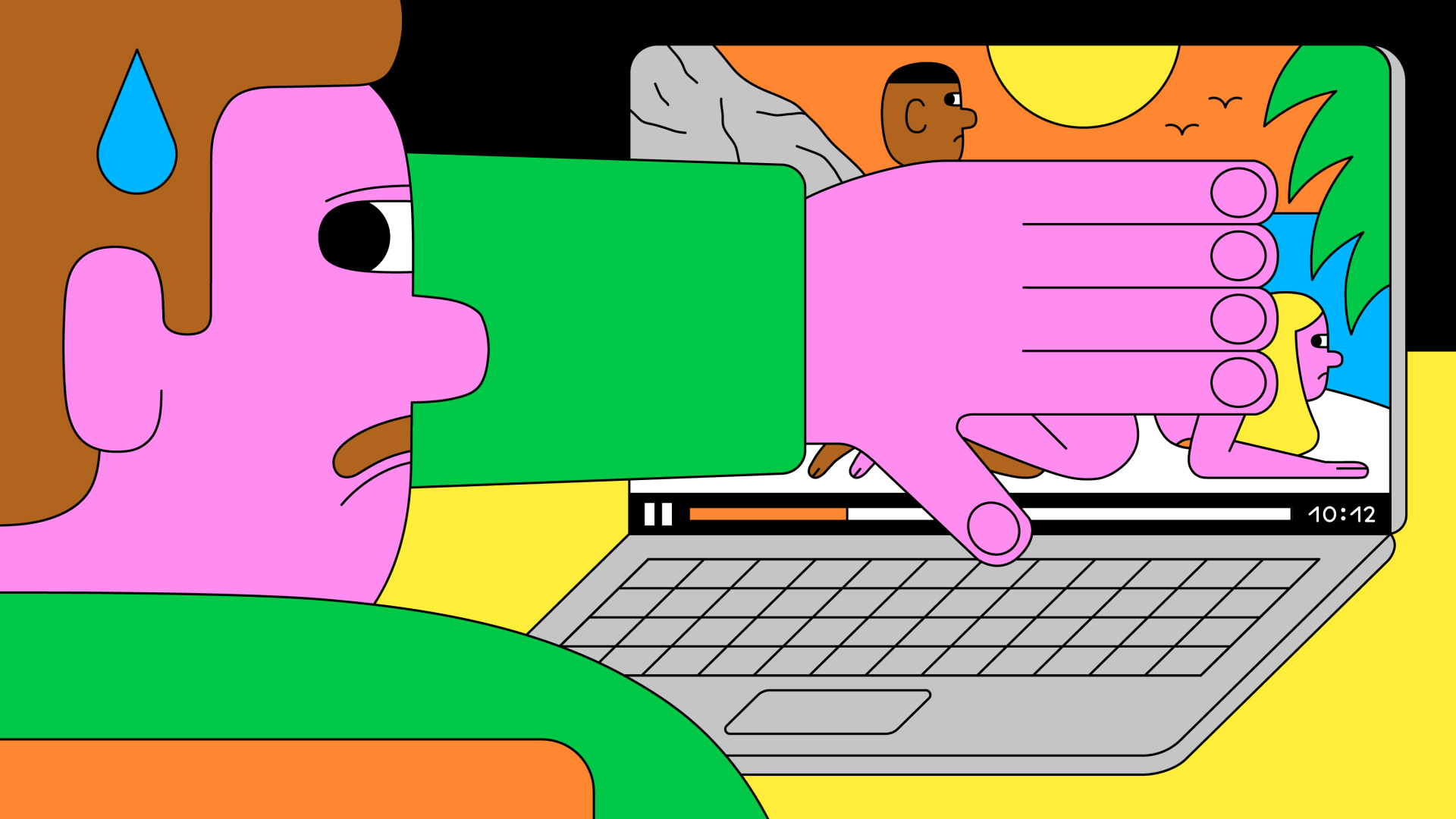 Illustration einer Person die beschämt einen Porno auf einem Laptop schaut in dem ein riesiger, Schwarzer Mann Sex mit einer blonden Frau hat