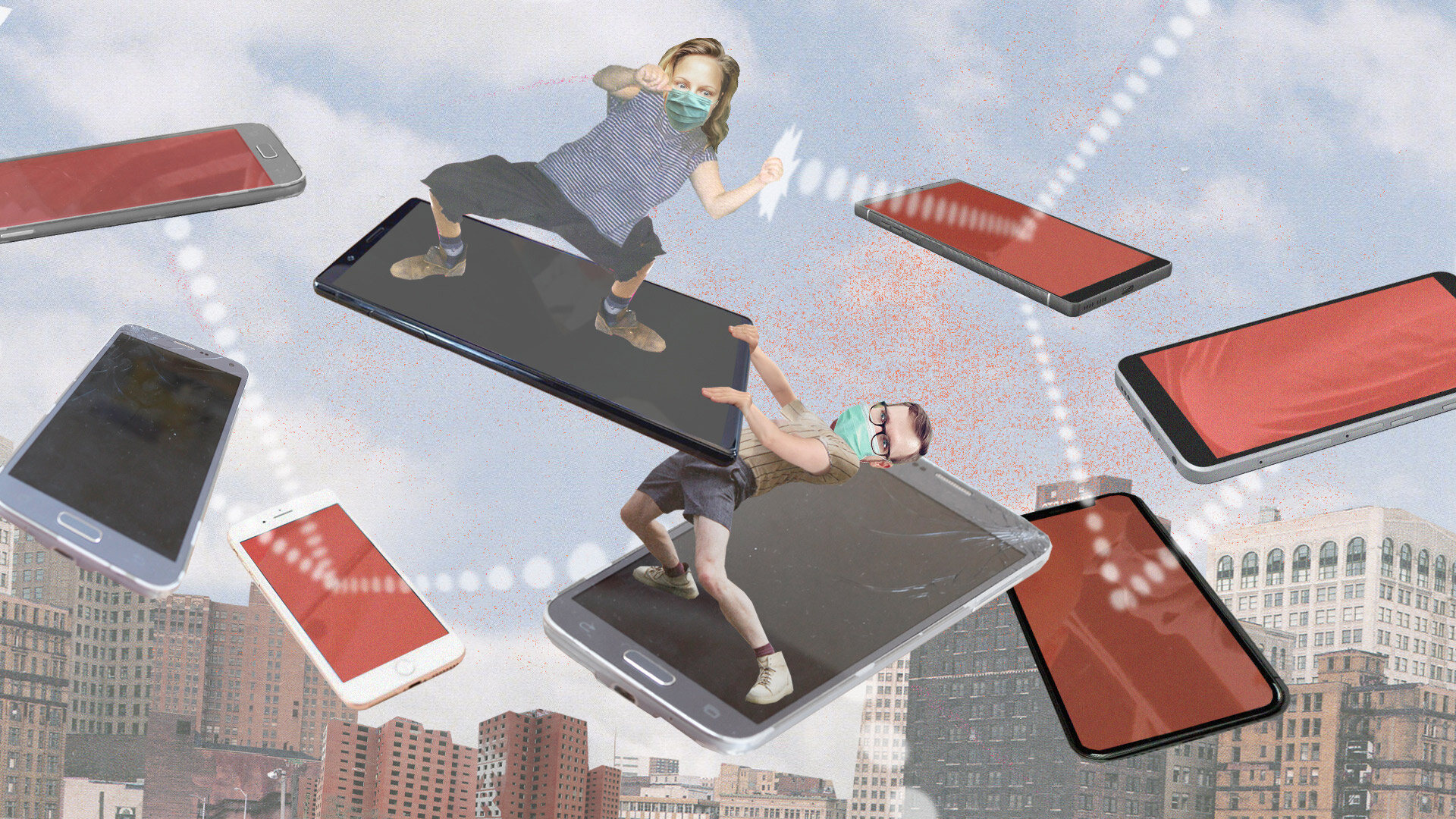 Eine lustige Collage, die die AutorInnen dabei zeigt, wie sie auf fliegenden Smartphones miteinander kämpfen