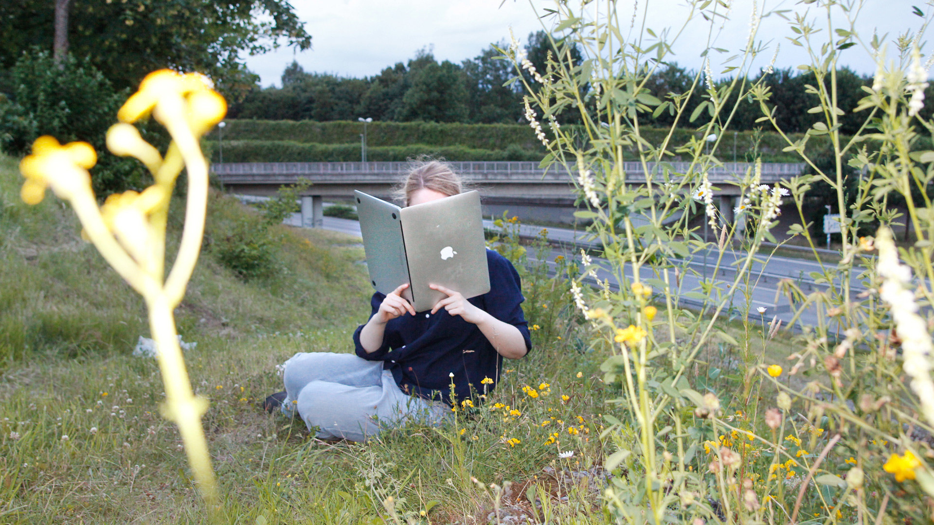 EIne Frau sitzt auf einer Wiese und liest auf dem Laptop wie in einem aufgeklappten Buch