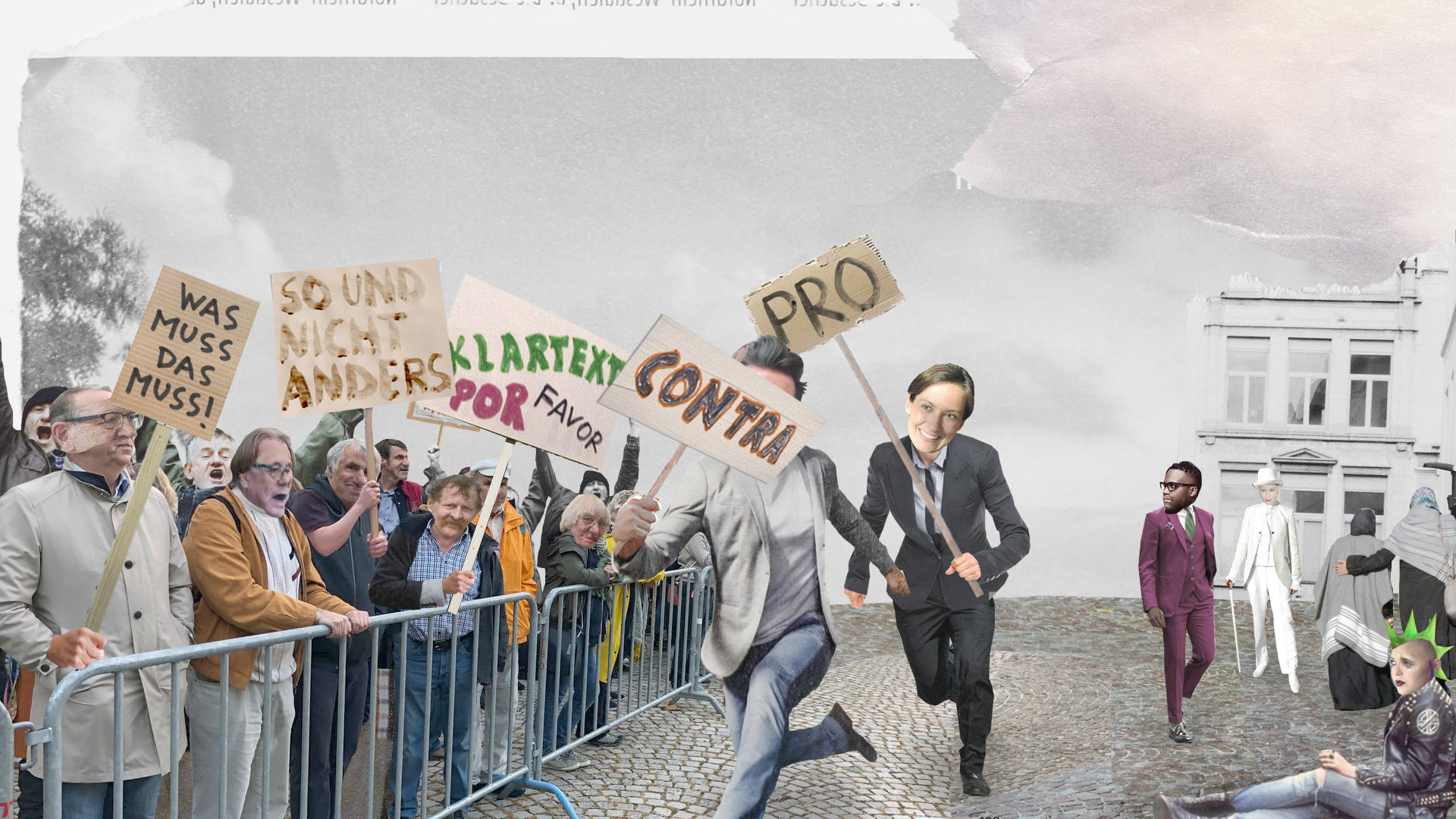 Populismus Pro und Contra Lustige Collage, die die AutorInnen auf einer Demonstration zeigt
