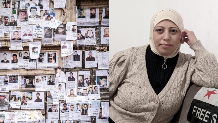 Wand mit den Fotos in Syrien Vermisster - Portrait Yasmin al-Mashaan