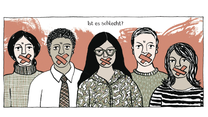 Bild aus dem Comic auf dem 5 Personen der Mund zugeklebt ist