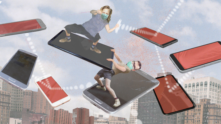 Eine lustige Collage, die die AutorInnen dabei zeigt, wie sie auf fliegenden Smartphones miteinander kämpfen