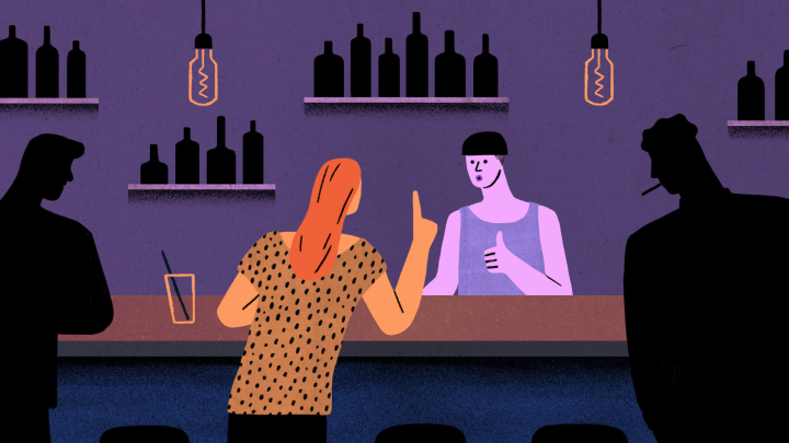 Illustration einer Frau die an der Bar nach Luisa fragt