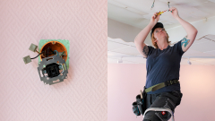 Lichtschalter in rosa Wand / Handwerkerin auf einer Leiter