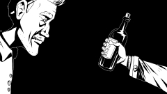 Illustration eines alten Mannes der auf eine Flasche schaut