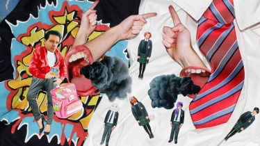 Pro und Contra Schuluniform Collage mit Schuluniformen, Freizeitklamotten und Schulranzen