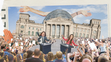 Kollage mit dem Berliner Reichstag zum Streit über Volksabstimmungen