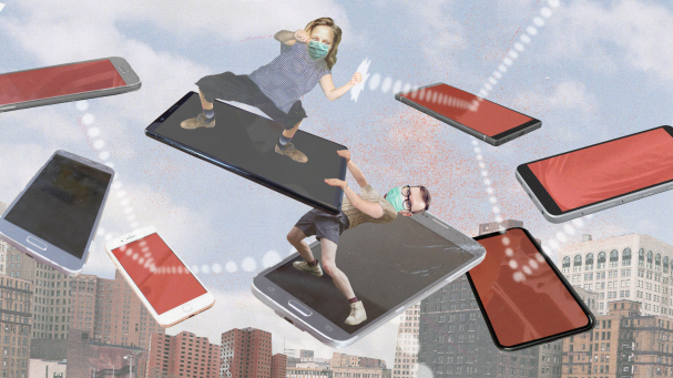 Eine lustige Collage, die die AutorInnen dabei zeigt, wie sie auf fliegenden Smartphones miteinander kämpfen