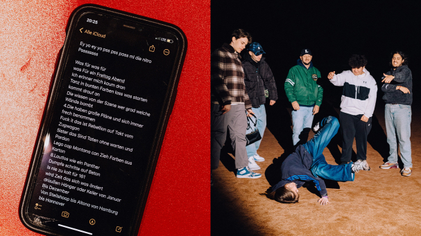 Smartphone mit Rap Text - Jugendliche beim Breakdance